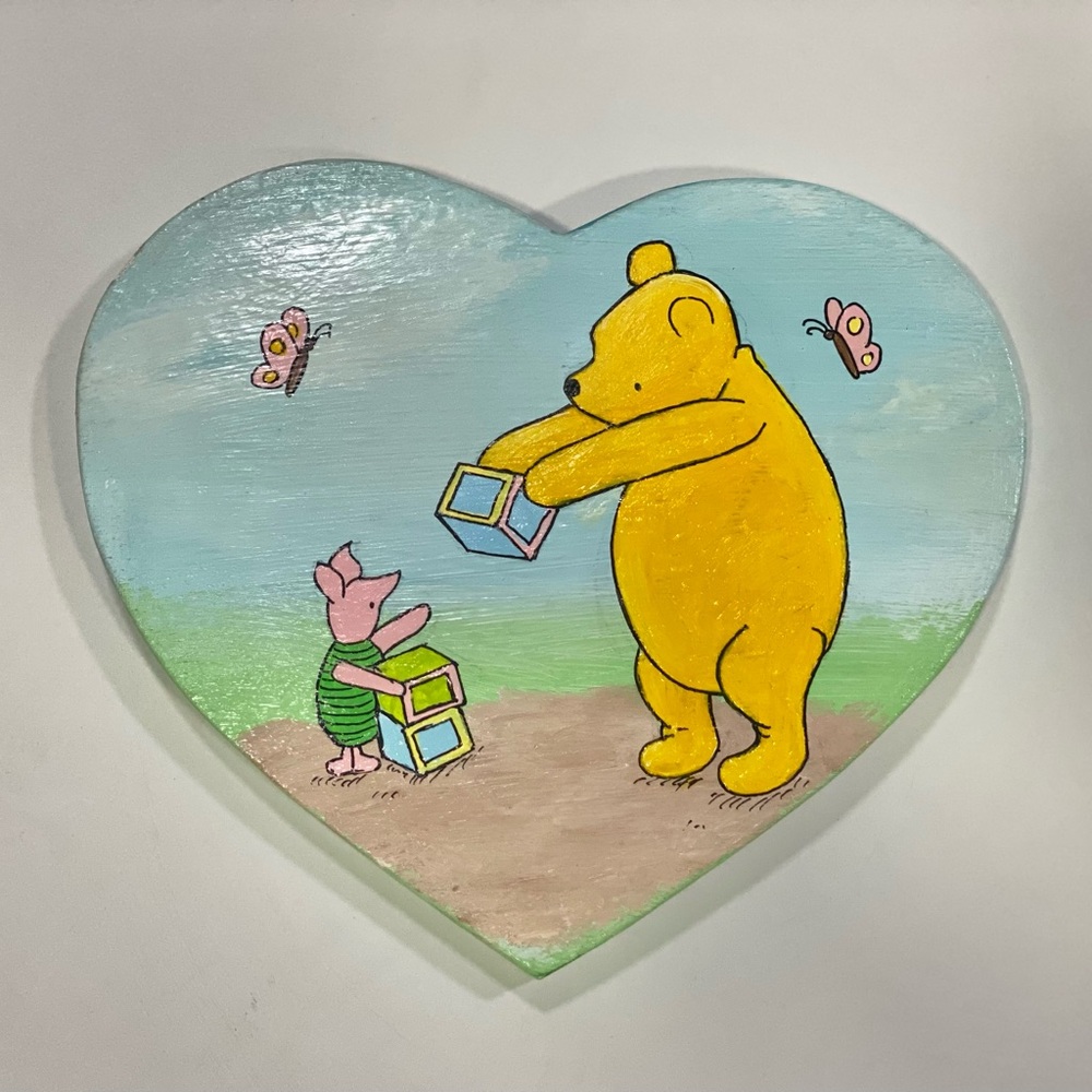 Nursery Winnie The Pooh and Piglet Playing Hand Made Acrylic Painting on Wood